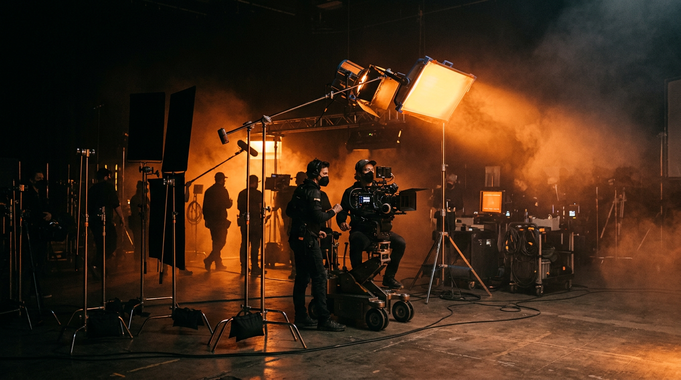 Set de produção audiovisual profissional com iluminação cinemática